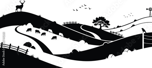 Black and white illustration of rolling hills with deer and sheep grazing peacefully