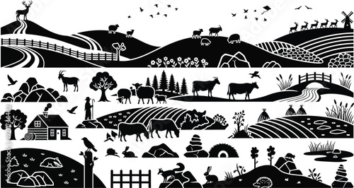 Traditional countryside village scene with rolling hills and farm animals in black and white illustration style