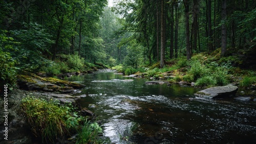 River flowing through a lush green forest