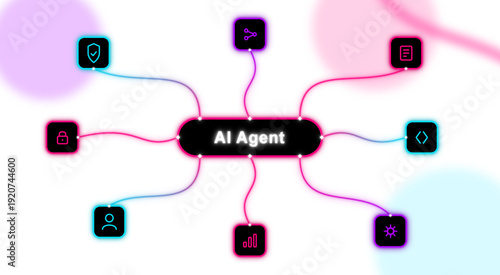 Futuristic AI Agent Network Interface with Neon Glow Connections and Cyber Technology Concept scalable vector