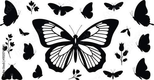Collection of black butterfly silhouettes on white background with various wing shapes and designs