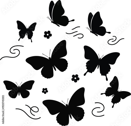 Black butterflies and flowers silhouettes on white background decorative illustration