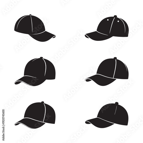Baseball cap icon set in solid black includes different perspectives and curved brim styles.
