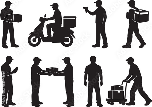 Efficient Delivery & Logistics Silhouettes: Comprehensive Vector Set for Courier Services, Shipping, and E-commerce - Man with Box, Scooter, Scanner, Hand Truck, and Parcel Backpack