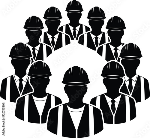 Large group silhouette illustration of professional construction workers and engineers in hard hats and safety vests standing in a circle for industrial teamwork and safety AI Generative
