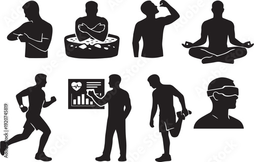 Comprehensive Men's Health & Wellness Vector Icon Set: Fitness Tracking, Recovery, Mindfulness, Exercise, and Digital Well-being for Modern Lifestyles