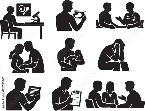 Diverse Medical & Family Life Icons: Explore Fertility, Pregnancy, Parenthood, Doctor Consultations, Research, Patient Care, & Emotional Well-being in this Essential Vector Set.