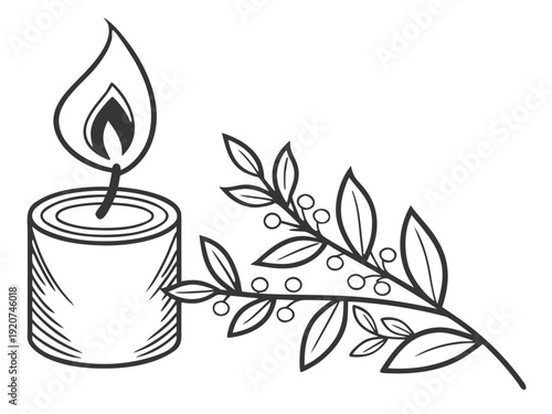 Peaceful candlelight with leafy branch for serene ambiance
