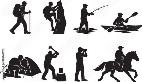 Dynamic Outdoor Adventure & Recreation Activity Silhouettes: Hiking, Climbing, Fishing, Kayaking, Camping, Horse Riding Vector Set – Perfect for Nature, Sports & Active Lifestyle Designs