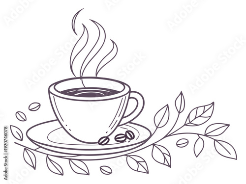 Steaming cup of coffee on saucer with leaves and beans