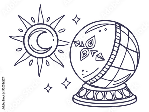 Mystic crystal ball with sun and stars on stand