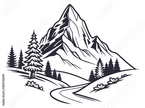 Serene mountain landscape with winding path and trees