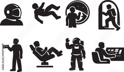 Dynamic Astronaut and Space Exploration Icon Set: Modern Vector Silhouettes for Sci-Fi Projects, Galactic Adventures, and Future Technology Designs