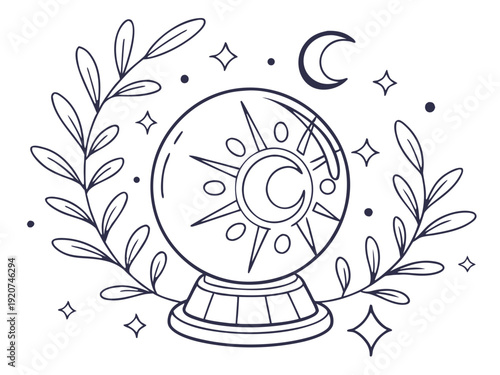 Mystical crystal ball with sun, moon, and stars for magic and fortune telling