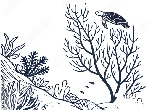 Sea turtle swimming near coral reef with seaweed underwater