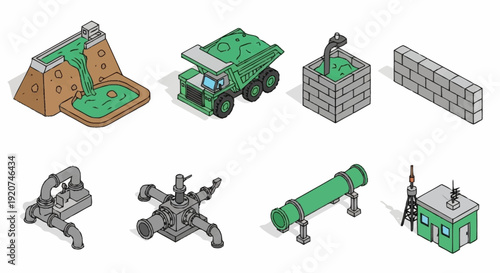 Construction Equipment and Machinery Isometric Icons Set.