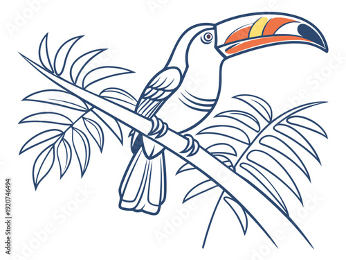 Vibrant toucan perched on tropical tree branch with colorful beak and leaves