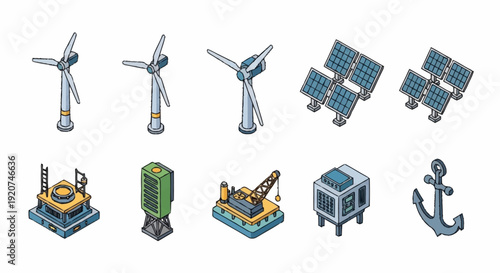 Renewable Energy Icons Wind Turbines Solar Panels.