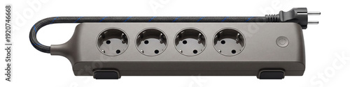 Power strip with braided fabric cord and four widely spaced outlets.