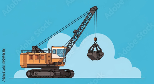 Crane Lifting Heavy Load with Clamshell Bucket.
