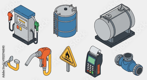 Industrial Equipment and Machinery Parts Illustration Set.