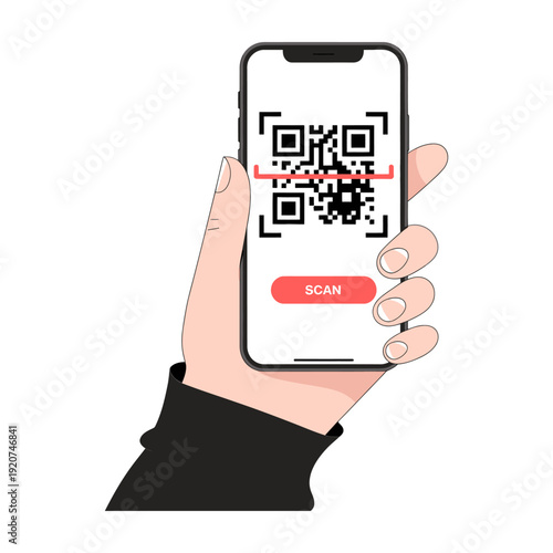 A professional vector illustration showing a human hand holding a smartphone to scan a QR code for digital payments, mobile authentication, and modern wireless technology.