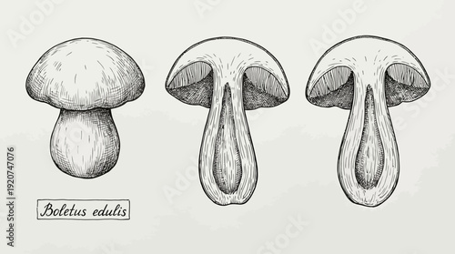 "Vector Boletus Edulis Mushroom Anatomy Illustration with Detailed Cross‑Section Views Showing Cap, Stem, and Internal Structure for Botanical, Mycological, Educational, and Scientific Study Concepts"