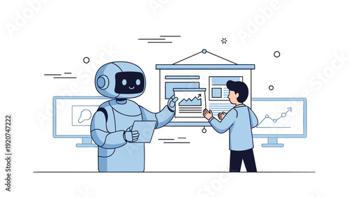 Robot and person collaborating on data analytics in modern office