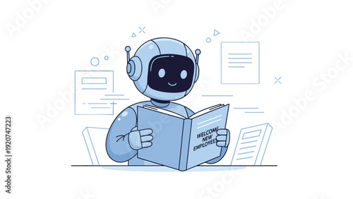 Cute robot reading welcome manual with friendly expression in office setting