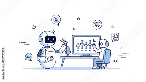 Robot and child interacting with podcast recording setup