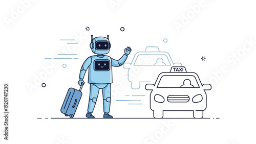 Friendly robot hailing taxi with suitcase in futuristic urban setting