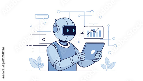 Robot analyzing data on digital tablet with graphs and technology icons
