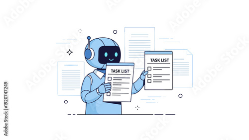 Smiling robot holding task list clipboards in modern office setting