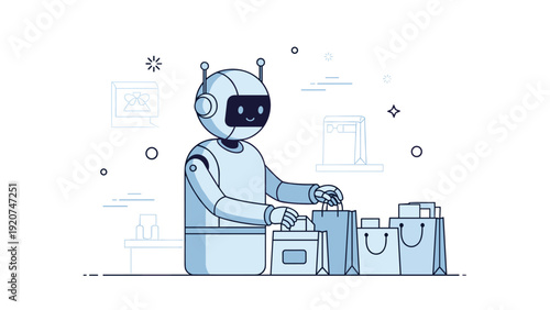 Friendly robot assisting with shopping bags in a minimalistic store setting