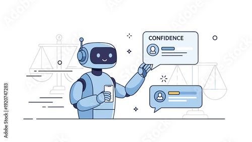 Friendly robot communicating with text bubbles in futuristic setting