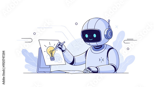 Robot artist creating innovative light bulb design with computer and art tools