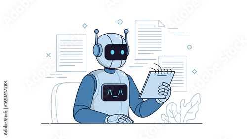 Friendly robot with notepad: ai technology concept illustration in blue and white