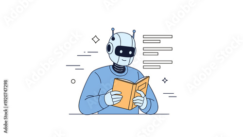 Robot reading book: futuristic technology and artificial intelligence concept illustration