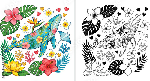 Humpback whale vector set with tropical floral ornaments in color and black and white.