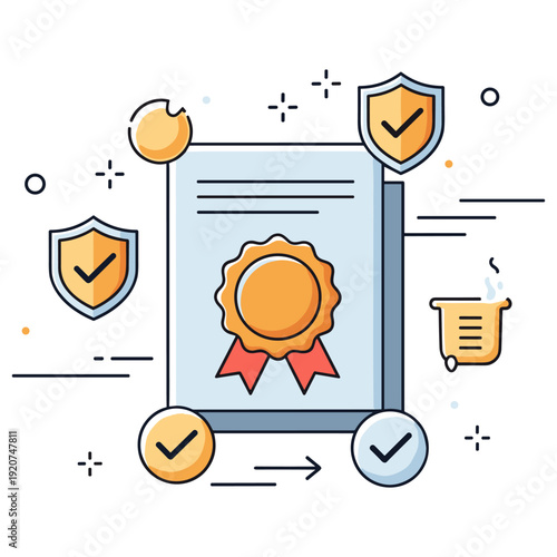 Document with certificate badge and shields symbolizing security and verification