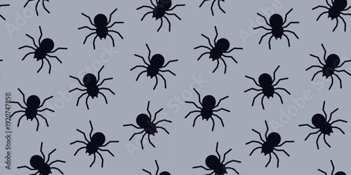 Seamless pattern with scattered black spider silhouettes. Gray background. Minimal spooky design for Halloween themes, textile, card, wrapping paper, wallpapers, crafts, surface print. Flat vector.