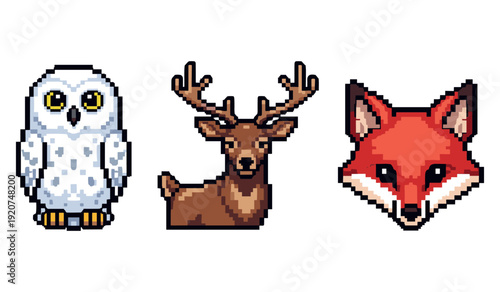 Pixel art of snowy owl, majestic deer, and red fox with white background