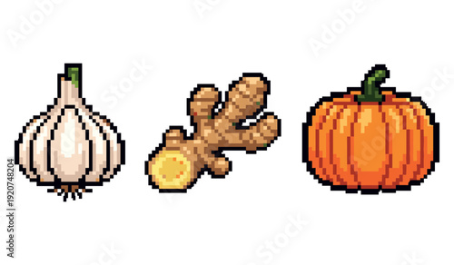 Pixel art vegetables: garlic, ginger, and pumpkin on white background