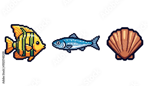 Colorful pixel art: angel fish, blue fish, and shell on white background