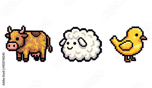 Pixel art animals: brown cow, white sheep, yellow duck