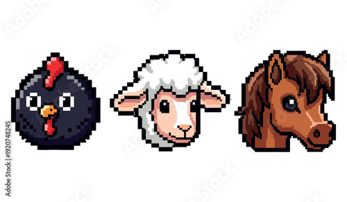 Pixel art animal faces: chicken, sheep, horse in 8-bit style