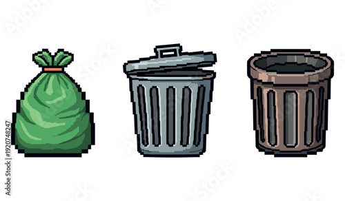 Pixel art trash collection: green bag and metal bins