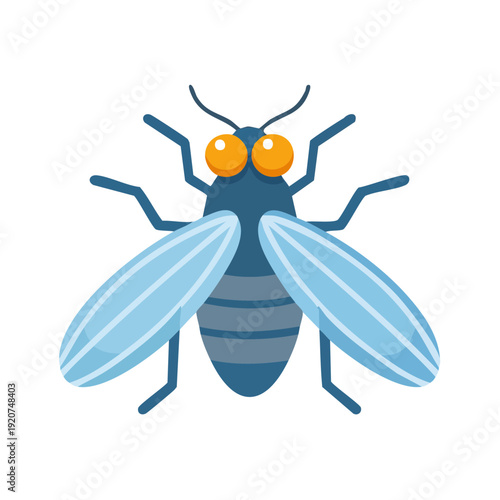 A cartoon of a fly, featuring the insect's main body parts such as wings and eyes. The fly illustration is colorful, with its own specific form