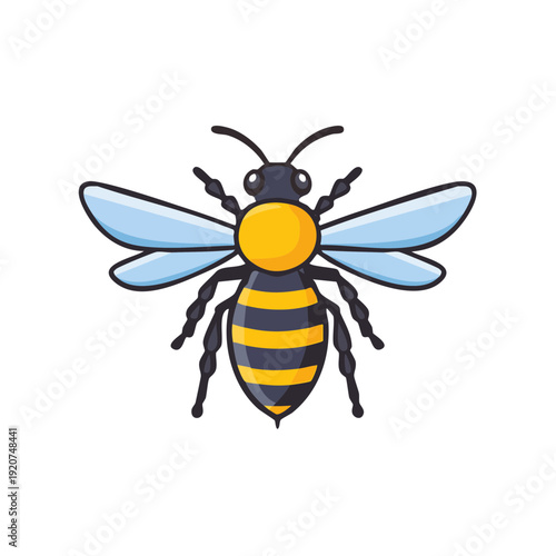 A cheerful bee showcasing a striking pattern and buzzing happily. The bee has a yellow and black striped body and delicate wings 