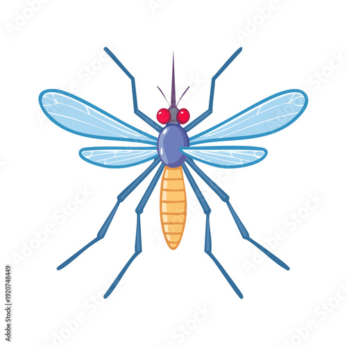A detailed illustration of a mosquito with blue wings, six legs, and a prominent proboscis. The insect showcases intricate design elements with a focus on its anatomy